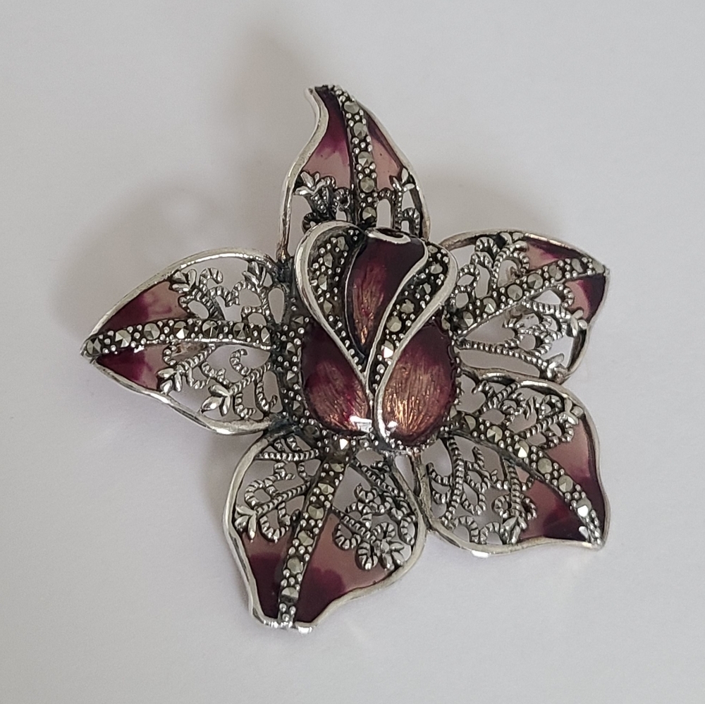 Vintage Boho Sterling Silver Marcasite Crystal Enamel Orchid Flower Brooch Pin - Picture 2 of 9